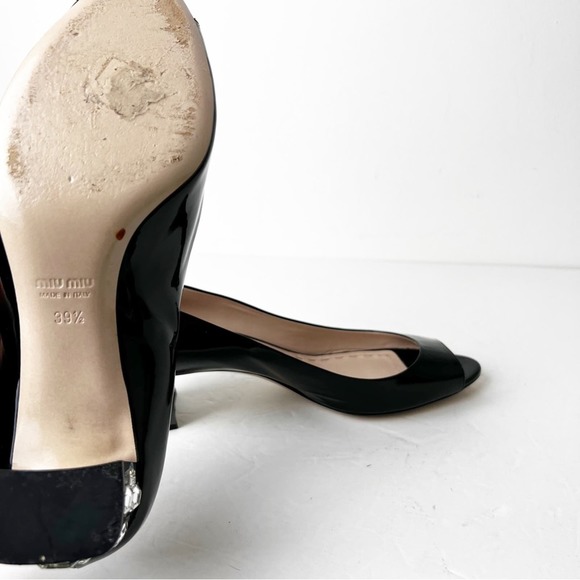 SZ 39 Miu Miu Black Patent Leather Crystal Embellished Block Heel Peep Toe Pumps - Picture 7 of 7